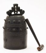 A Chinese bronze bell: of traditional barrel-shaped outline with panels of raised studs,