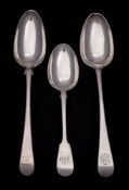Two George III silver Old English pattern tablespoon and a Victorian silver Fiddle pattern dessert