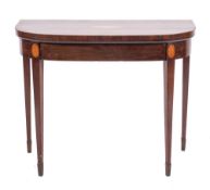 A George III mahogany and marquetry bow front card table, circa 1790,