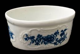 A rare First Period Worcester blue and white potted meat tub: transfer printed in 'The Floral Gift'
