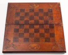 A 19th century Irish Killarney ware and inlaid folding chess board: with inlaid medallions of