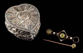 A 9ct gold and silver, seed pearl, peridot and rose-cut diamond bar brooch,: length ca 4.