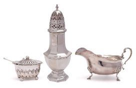A mixed collection of silver wares: includes, a silver sauce boat, maker Elkington & Co, Birmingham,