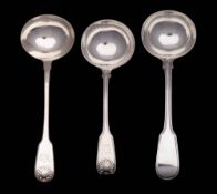 Three George IV and later silver Fiddle pattern sauce ladles, various makers, London, 1820,