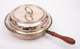 A George V silver three division circular chafing dish, cover and liner, maker Percy Webster,