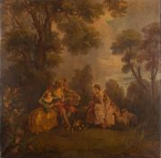 After Nicolas Lancret, early 20th Century- Pastoral Idyll,:- oil on canvas, 108 x 109cm, unframed.