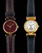 Cartier, Must de, a silver wristwatch,: the burgundy dial with spade hands, stamped 925,