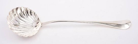 A George II silver Hanoverian pattern soup ladle, maker Ebenezer Coker, London, 1759: crested,