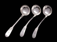 A set of three George III Scottish silver toddy ladles, maker Alexander Cameron, Edinburgh,