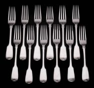 Twelve Victorian silver Fiddle pattern dessert forks, maker Chawner & Co, London, various dates: 16.