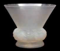 A Lalique vase 'Pinsons': the opalescent inverted conical body moulded with a band of birds and