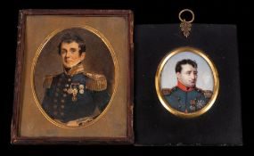 English School Circa 1840- A miniature portrait of a naval officer, half-length standing,