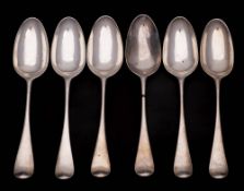 A set of six Georgian silver Hanoverian pattern tablespoons, all marks worn, London, : crested,