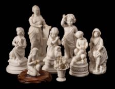 A group of seven English and Continental parian figures and a small vase of flowers: depicting