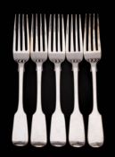 A set of five Victorian silver Fiddle pattern table forks, maker H J Lias & Son, London,