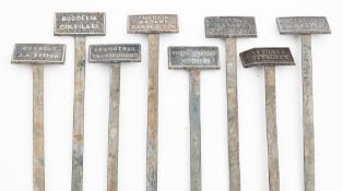 A set of sixty one galvanised metal garden plant name labels: with latin genus and species,