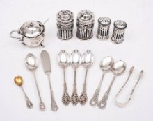 A mixed lot of silver condiments,