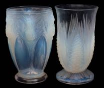 Two Verlys opalescent glass vases: both of footed form one moulded in the Les Chardons pattern,