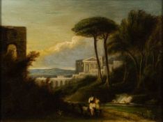 Manner of van Bloeman [19th Century]- Arcadian landscape, classical ruins on a hillside,