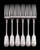 A set of six Victorian fiddle pattern table forks, maker GM ? , London, 1893: initialled, 463gms,