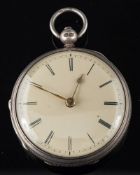 A silver open-faced key-wound pocket watch: having a plain balance with a pierced and engraved