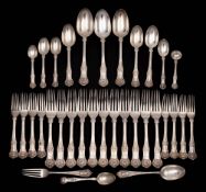 A matched Victorian silver Kings Scroll Rosette pattern part flatware service, maker Chawner & Co,