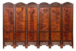 A Chinese carved hardwood six leaf screen, 20th century,