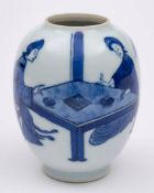 A Chinese porcelain oviform jar: painted in blue and white with a pair of elegant ladies playing a