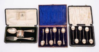 A George V silver three-piece christening set, maker Mappin & Webb, London, 1920/21: initialled,