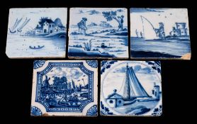 A group of five 18th century English blue and white delftware tiles: comprising a lady standing by