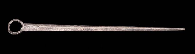 A George III silver meat skewer, maker's mark worn, London, 1802: 28cm long, 77gms, 2.49ozs.