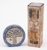 Two Troika pottery vases: comprising a rectangular vase with incised abstract designs picked out
