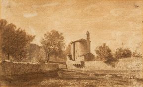 Circle of Antonio Fontanesi [1818-1882]- City outskirts with a river and view to a bell tower,