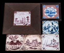 A group of six 18th century English blue and white and manganese delftware tiles: comprising