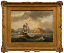 Circle of Thomas Luny [1759-1837]- Three-master in a swell off the coast,