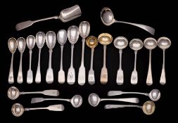 A collection of assorted silver mustard spoons, preserve spoon and ladle,