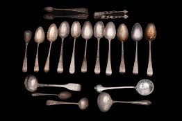 A collection of assorted teaspoons, sugar tongs, mustard spoons etc, various makers and dates,
