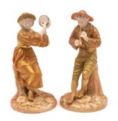 A pair of Royal Worcester porcelain figures: of a boy piper and female companion after originals by