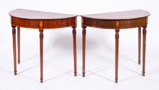 A pair of mahogany and marquetry demi-lune side tables in Sheraton taste,