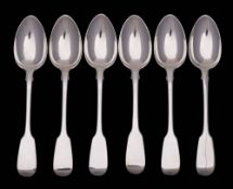 A set of six Victorian silver Fiddle pattern dessert spoons, maker Chawner & Co, London,