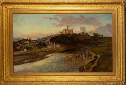 John Syer [1846-1913]- Evening: a riverside townscape, cattle watering in the foreground,