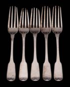 A set of five George IV silver Fiddle pattern dessert forks, maker William Eaton, London,