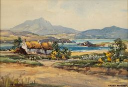 * Frank Murphy [1925-1974]- An Irish bay, thatched cottages in the foreground:- signed, watercolour,
