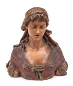 A Goldscheider terracotta bust: modelled as a young woman wearing a head scarf and ribbons under
