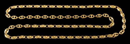 A gold coloured chain,: composed of textured anchor links, stamped 18ct, 40cm long, 82g.