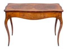 A late Victorian or Edwardian burr walnut and rosewood banded centre table in 18th century taste,