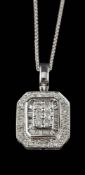 A diamond pendant,: the rectangular panel set with brilliant cut and baguette cut diamonds,
