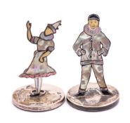 A pair of George V silver, enamel and mother-of-pearl novelty place name holders,