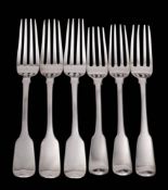 Six assorted silver Fiddle pattern table forks, various makers and dates: 432gms, 13.