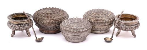 A pair of Chinese silver circular salts: with bamboo leaf decoration 4.